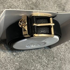 Michael Kors Women’s Black Leather Belt with Gold Buckle